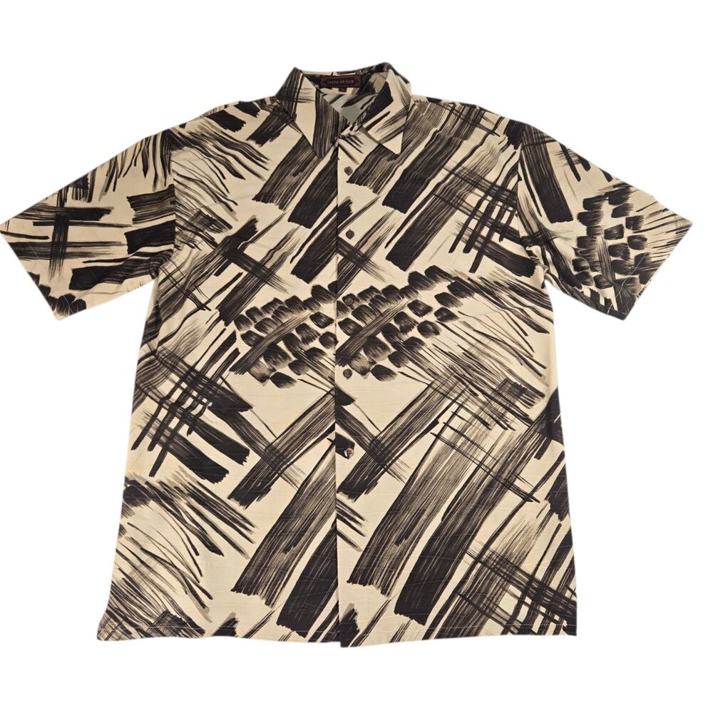 Vintage Creme De Silk Abstract Geometric Brown Cream Camp Button Shirt Mens XL